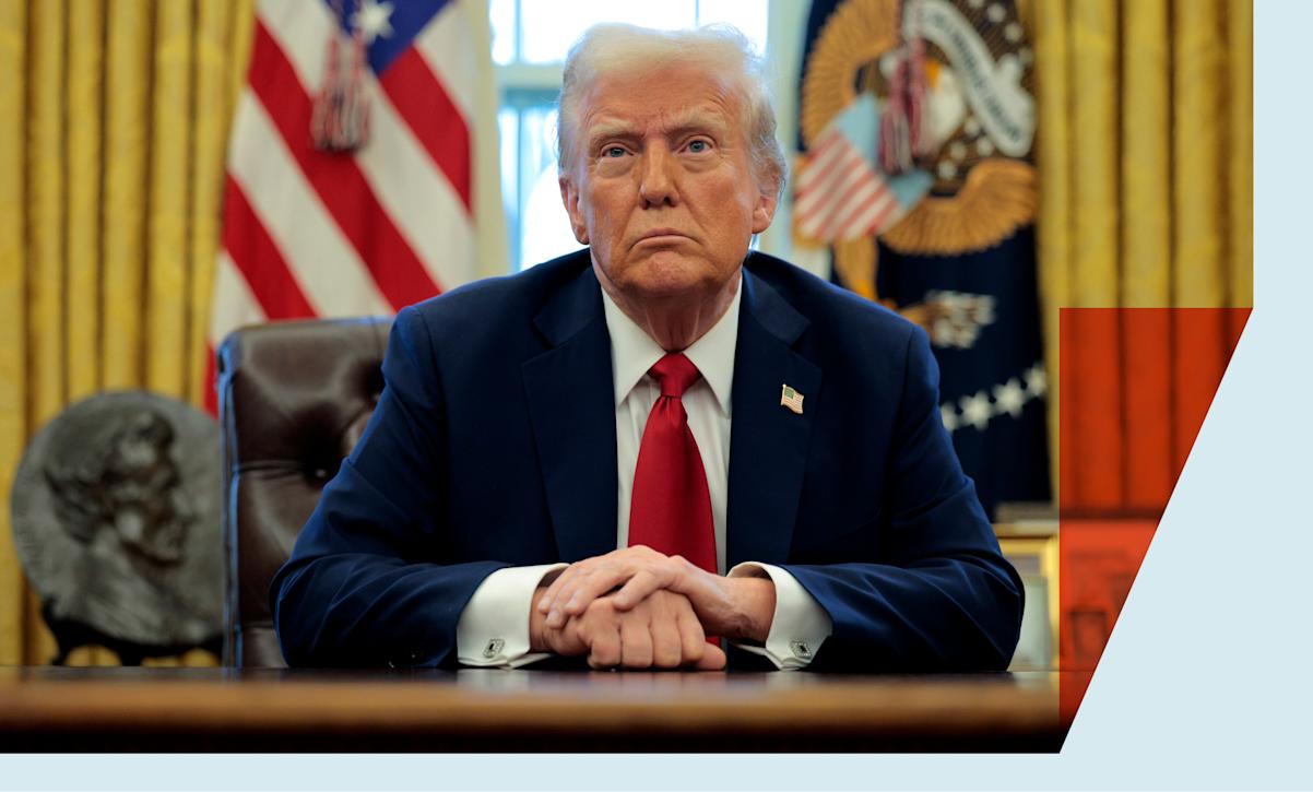 President Donald Trump talks to reporters from the Resolute Desk after signing an executive order to appoint the deputy administrator of the Federal Aviation Administration in the Oval Office at the White House on January 30, 2025