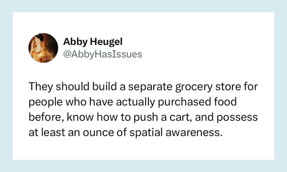 “They should build a separate grocery store for people who have actually purchased food before, know how to push a cart, and possess at least an ounce of spatial awareness.” 