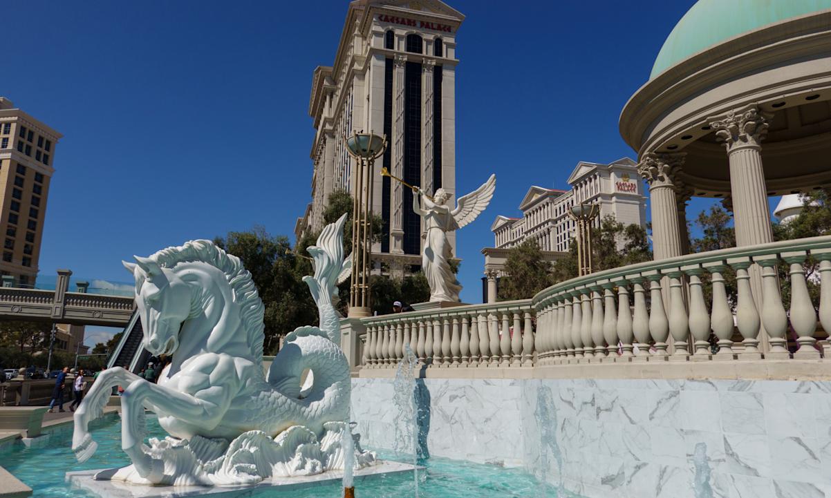 Water fountains line the entrance to the Caesars Palace Las Vegas Hotel and Casino