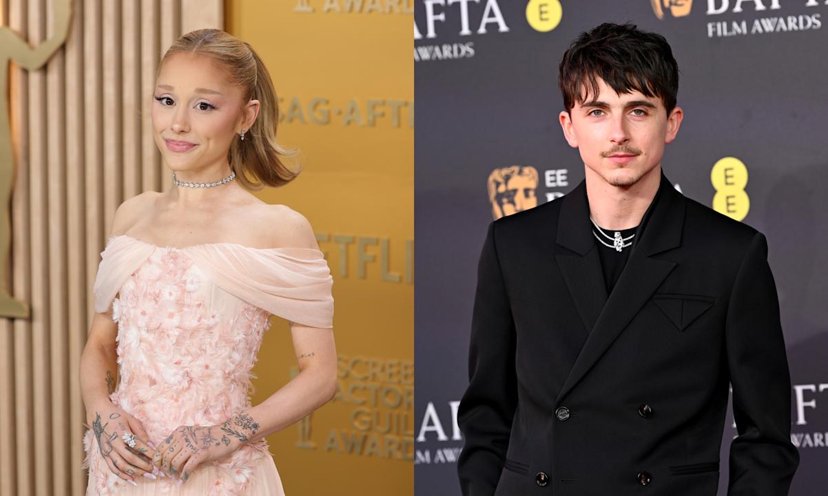 Side-by-side images of Ariana Grande and Timothée Chalamet