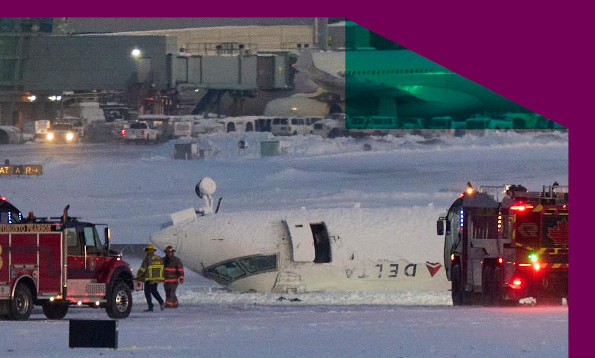 A Delta airlines plane sits on its roof after crashing upon landing at Toronto Pearson Airport in Toronto, Ontario, on February 17, 2025.