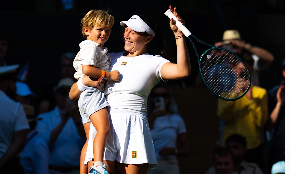  Amanda Anisimova of the United States celebrates with nephew Jackson after defeating Anastasia Pavlyuchenkova in the quarter-final on Day Nine of The Championships Wimbledon 2025