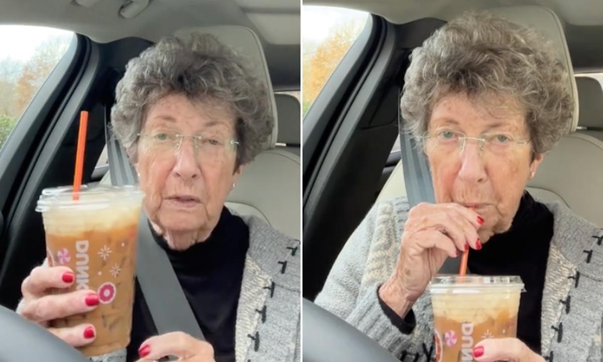 Grandma C drinking Dunkin' Donuts coffee