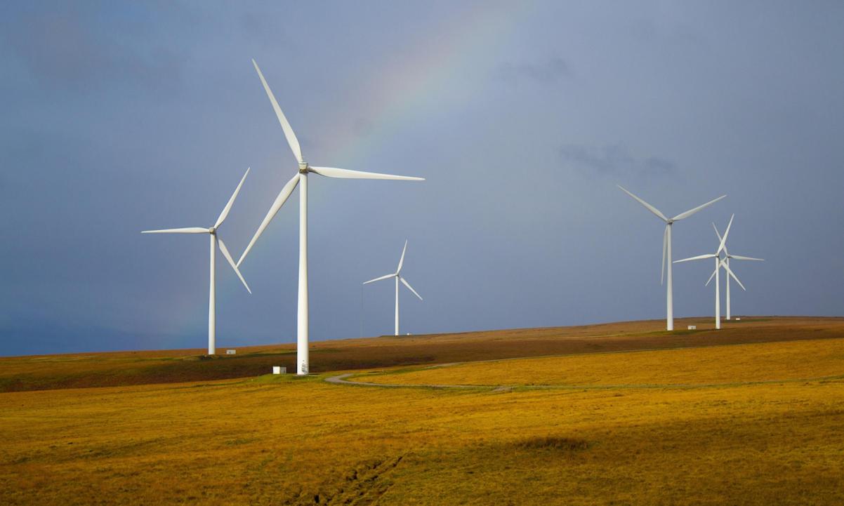 wind turbines in field with rainbow