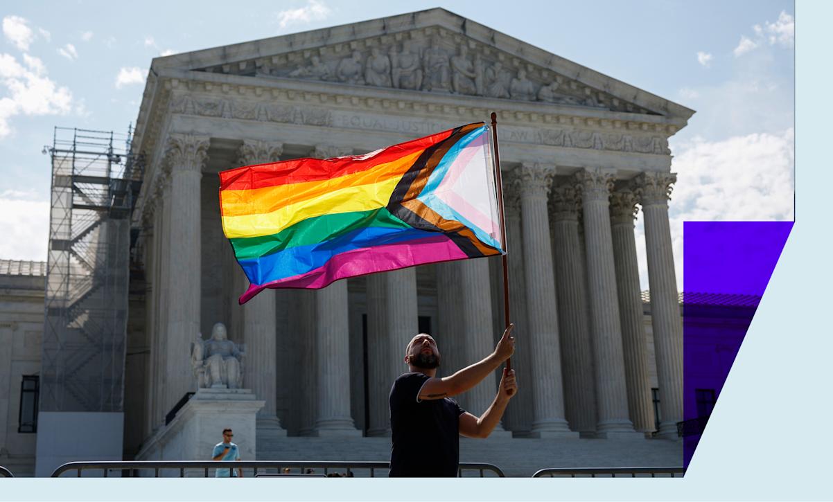 Someone waving an LGBTQIA+ flag outside of the Supreme Court 