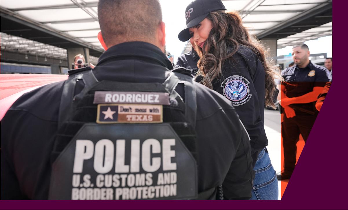 US Secretary of Homeland Security Kristi Noem watches as a vehicle is scanned during a tour the San Ysidro Port of Entry